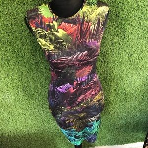 Tropical print padded shoulder Mini dress